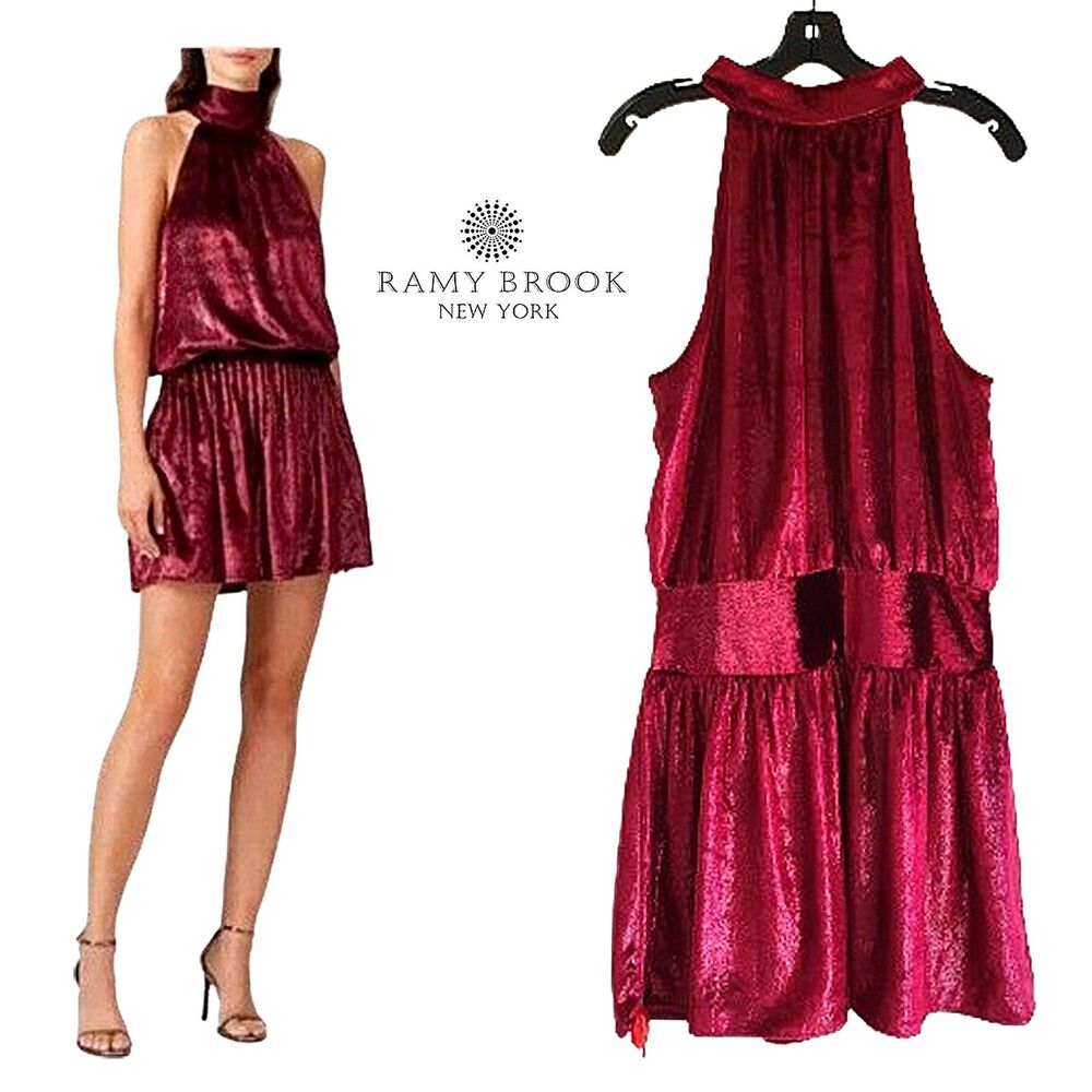RAMY BROOK NEW Glam ELLIN Red Metallic Shimmer Velvet Halter Mini Dress L